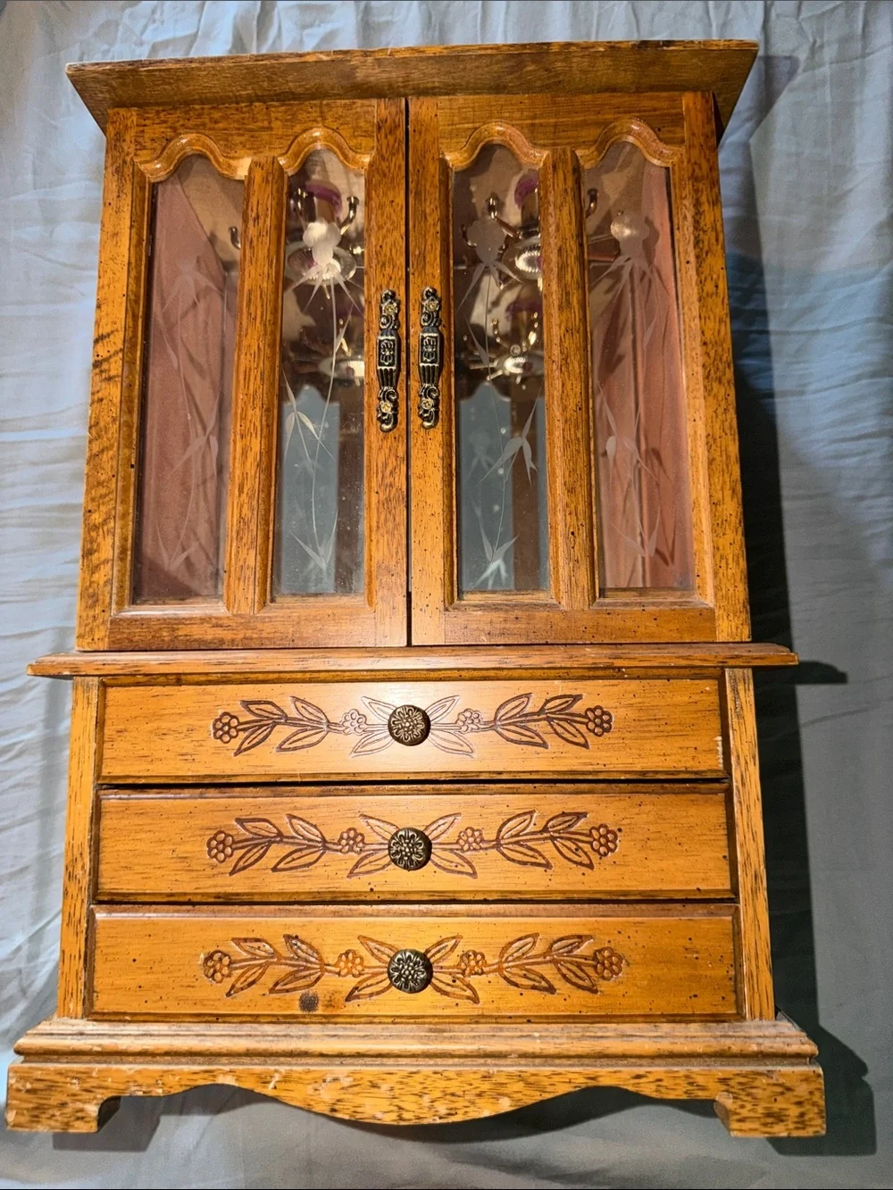 Vintage Wooden Jewelry Armoire with Floral glass carvings - Honey Brown
